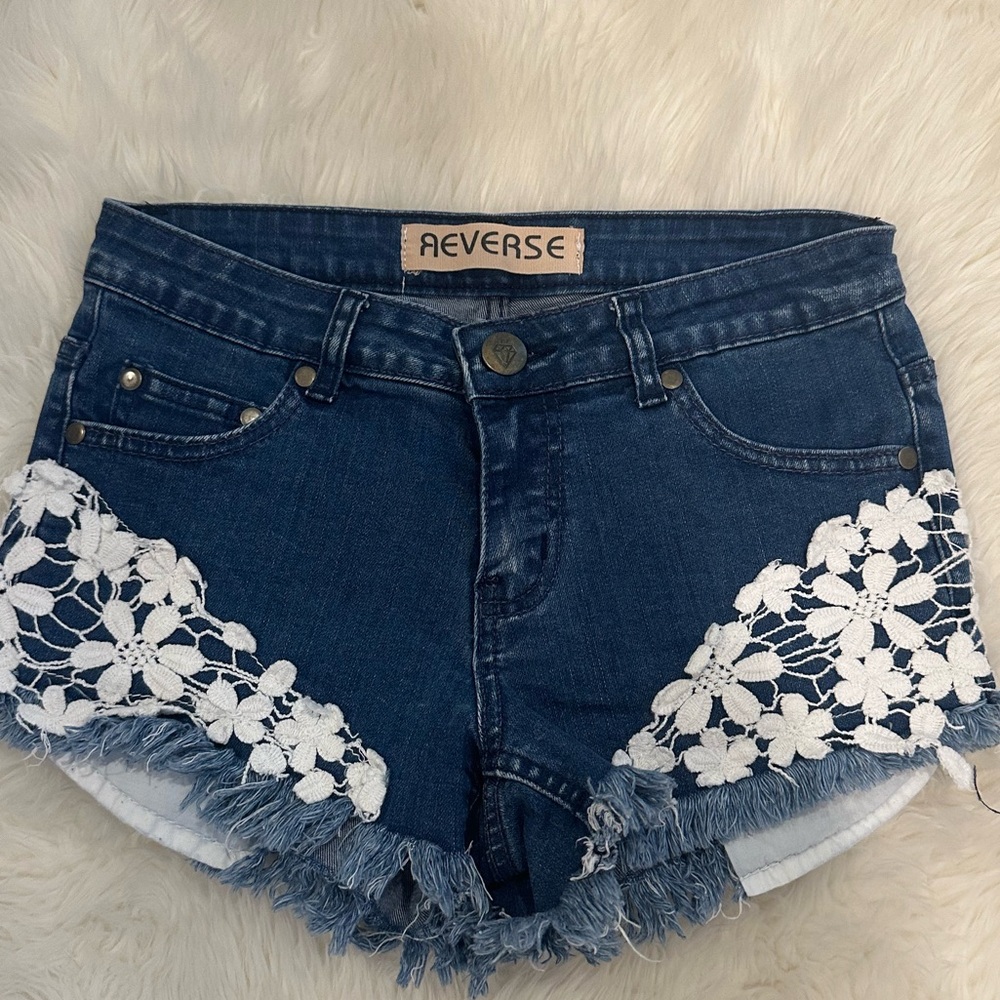 Reverse Blue and White Jean Shorts with Lace Appliqué